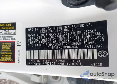 2017 Toyota Camry Se from USA, damaged, VIN 4T1BF1FK0HU304936